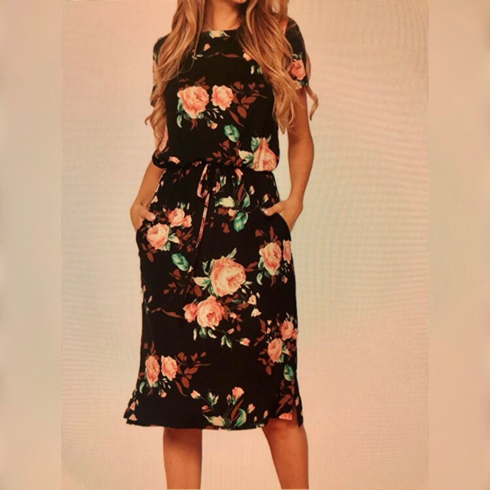 Casual Tie-Belt Midi Work Dress